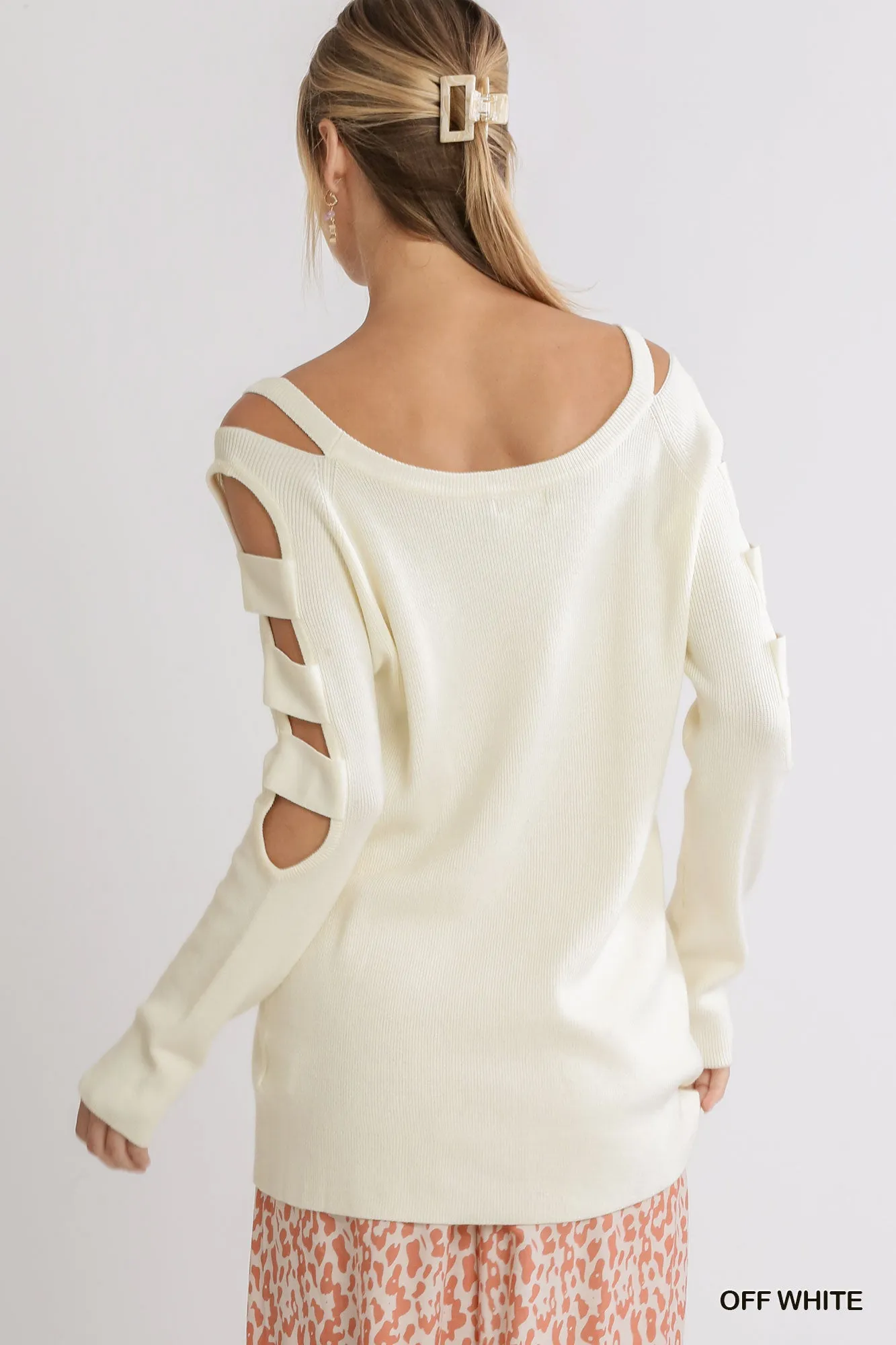 Umgee Boat Neck Sweater with Cutout Long Sleeves