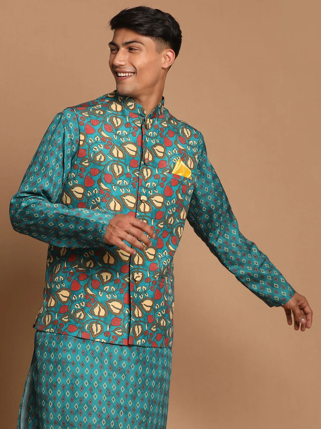 VASTRAMAY Men's Green Printed Nehru Jacket