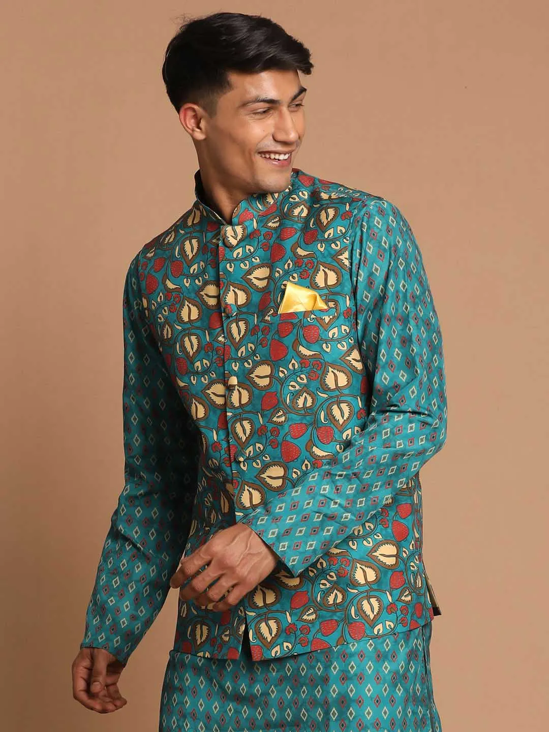 VASTRAMAY Men's Green Printed Nehru Jacket