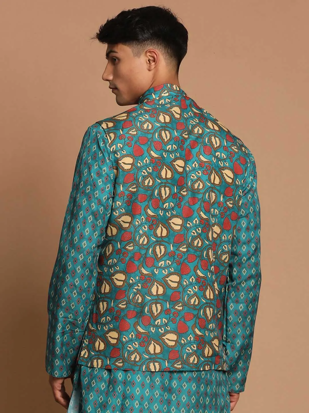 VASTRAMAY Men's Green Printed Nehru Jacket