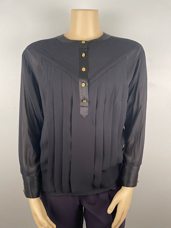 Vintage Early 1990’s Chanel Black Silk Pleated Blouse US 12