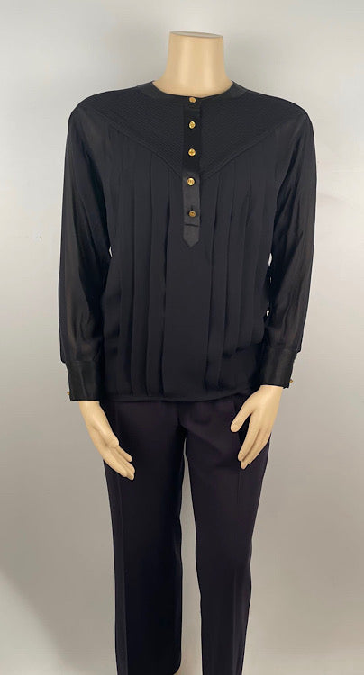 Vintage Early 1990’s Chanel Black Silk Pleated Blouse US 12