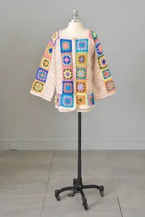 Vintage Hand Knit Crochet Patchwork Granny Squares Cardigan Sweater