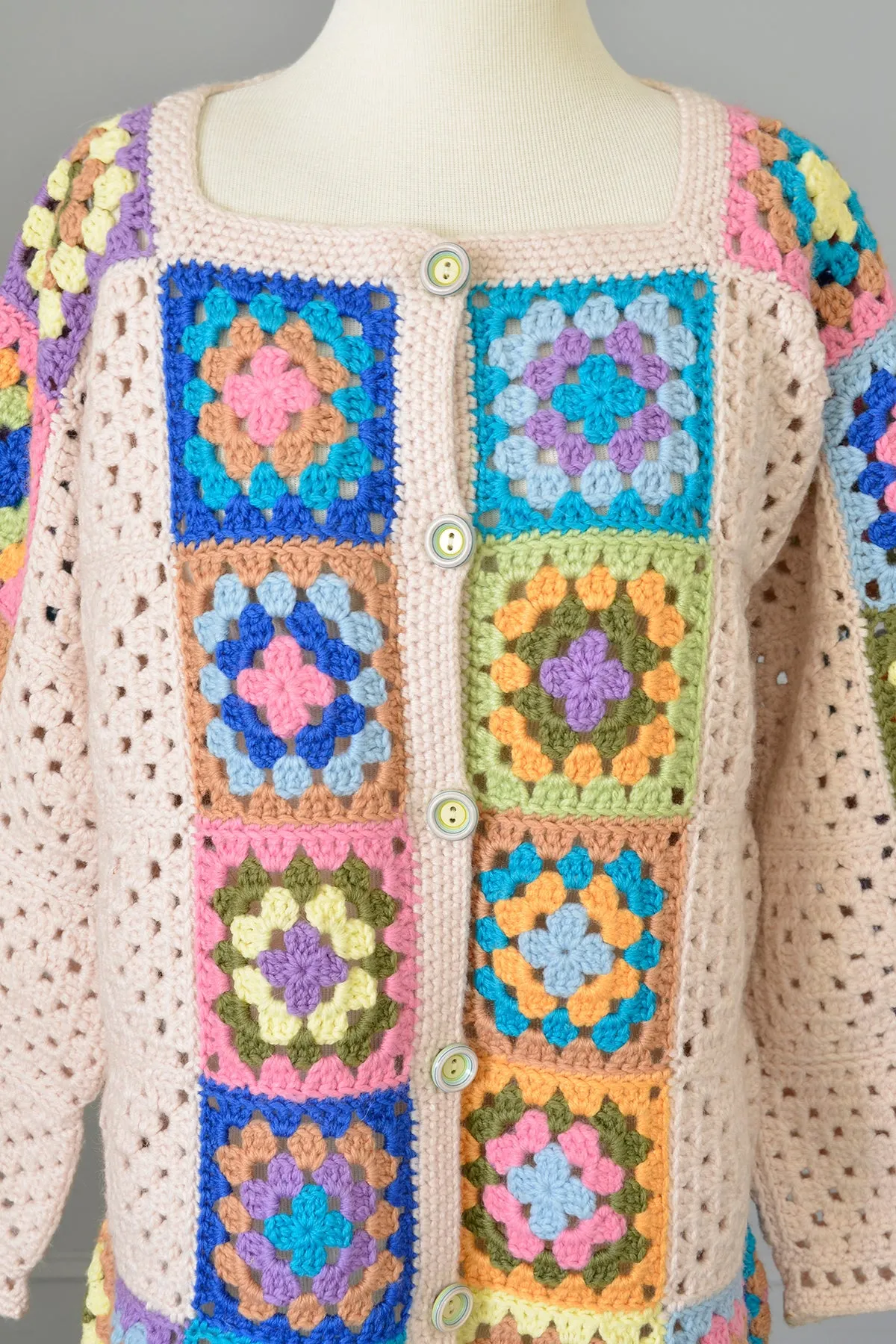 Vintage Hand Knit Crochet Patchwork Granny Squares Cardigan Sweater