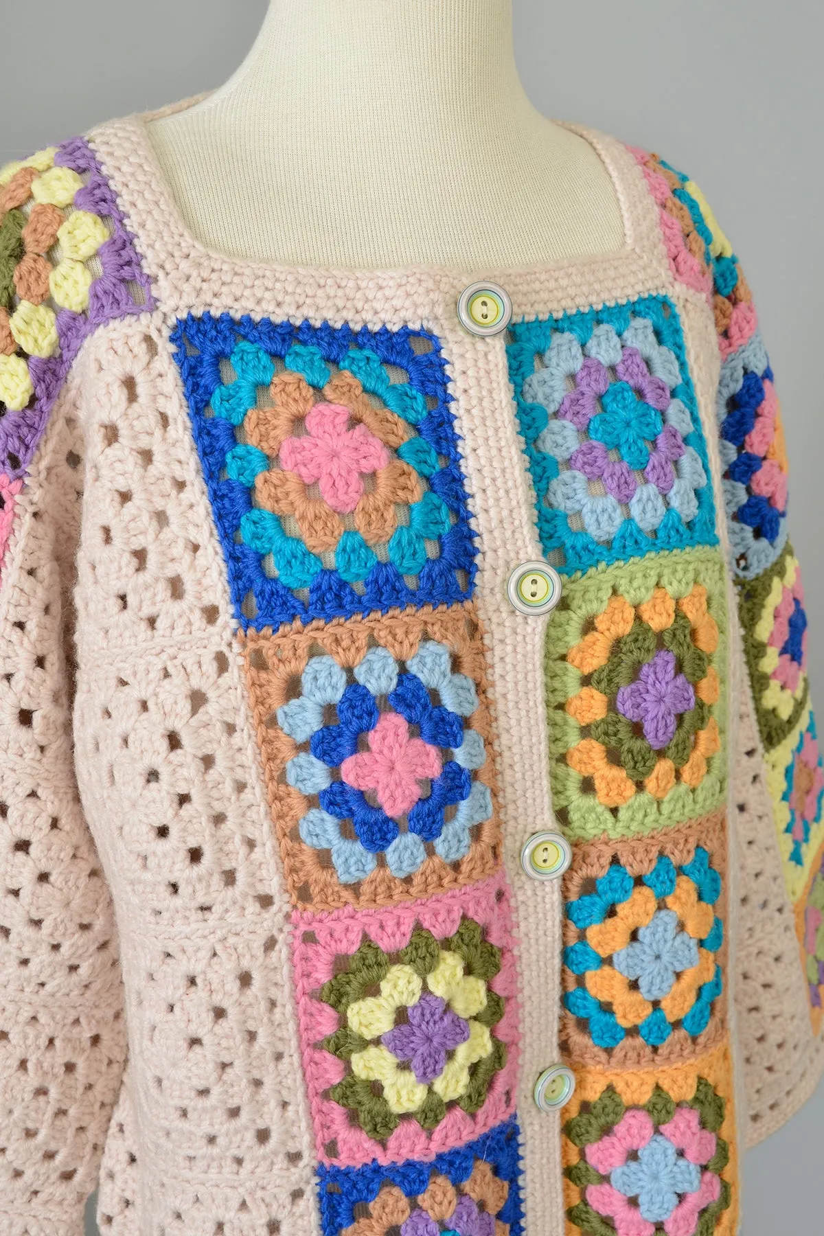 Vintage Hand Knit Crochet Patchwork Granny Squares Cardigan Sweater