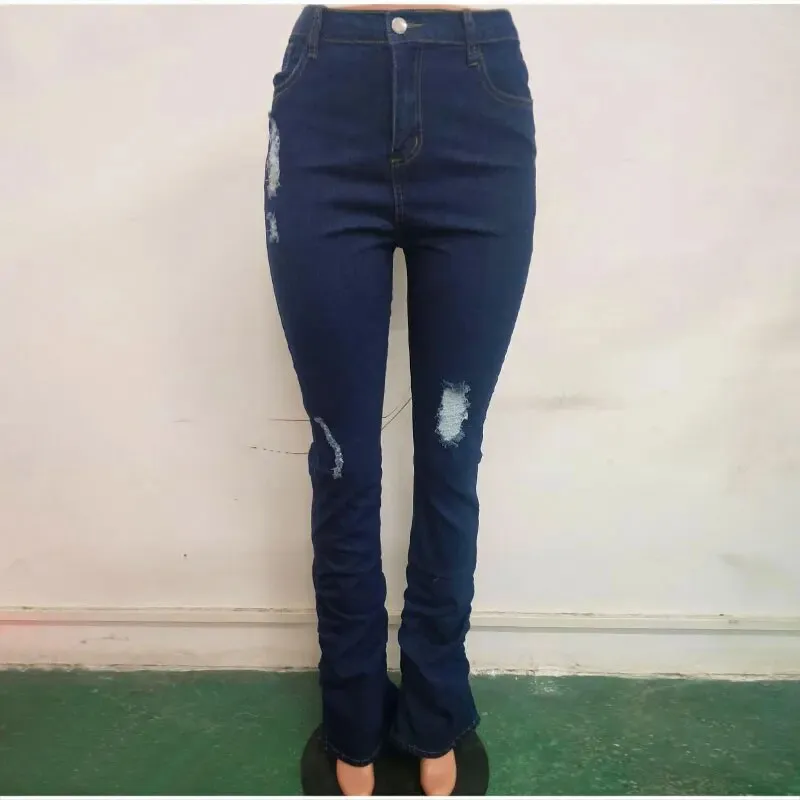 Women's Streetwear Ripped High Waist Full-length Denim Flare Jeans