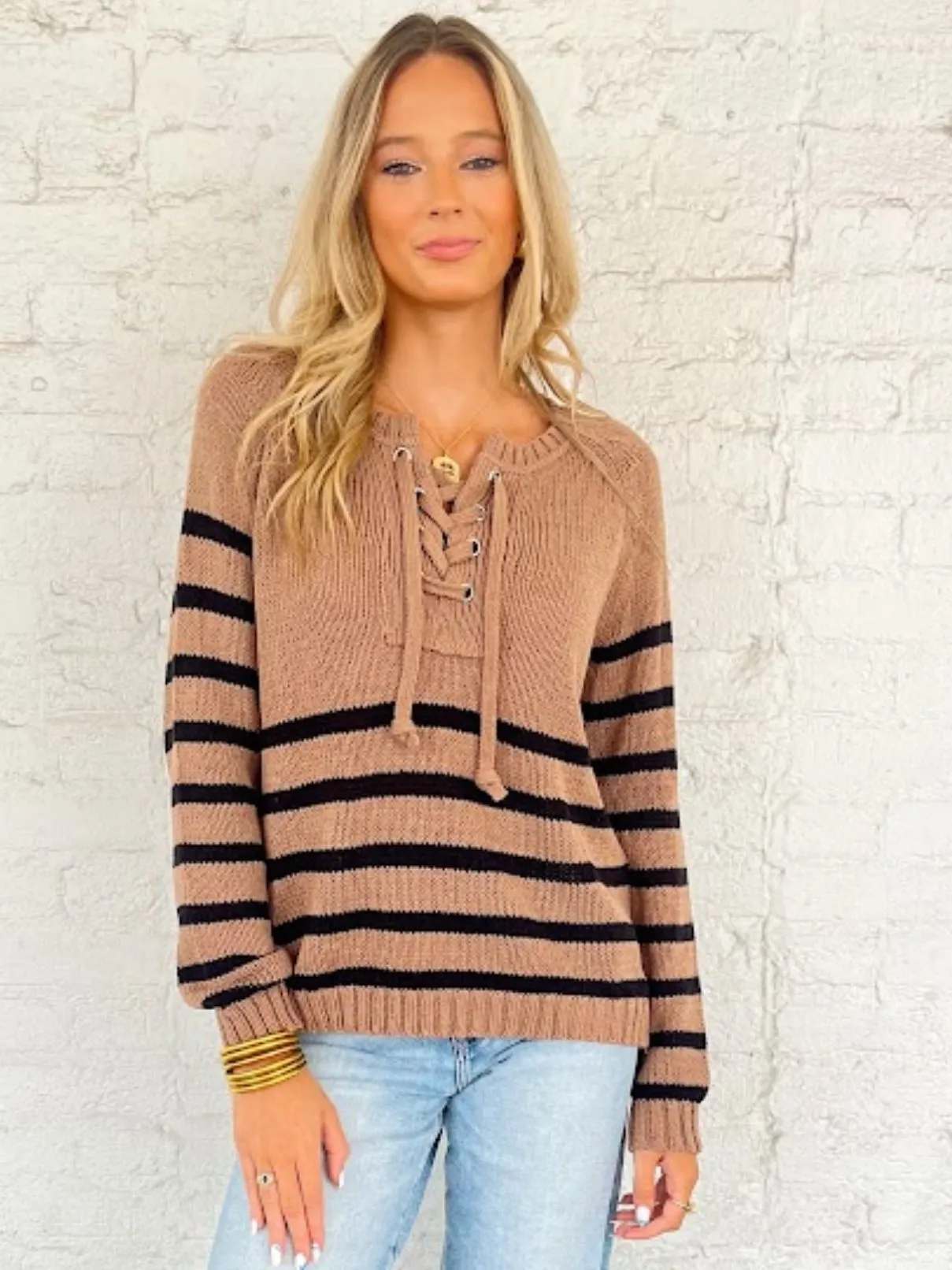 Wooden Ships Palmer Laced Top Cotton Sweater in Cedar/Black