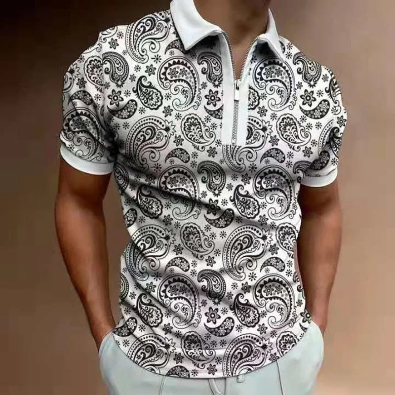 Xituodai Summer New Short Sleeve Printed Slim Fit Zip Lapel Men's Polo Shirt