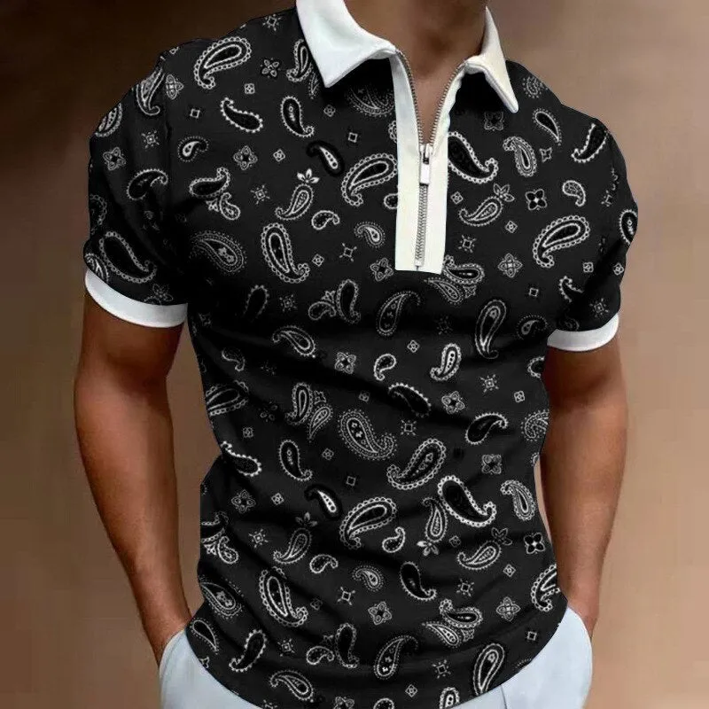 Xituodai Summer New Short Sleeve Printed Slim Fit Zip Lapel Men's Polo Shirt