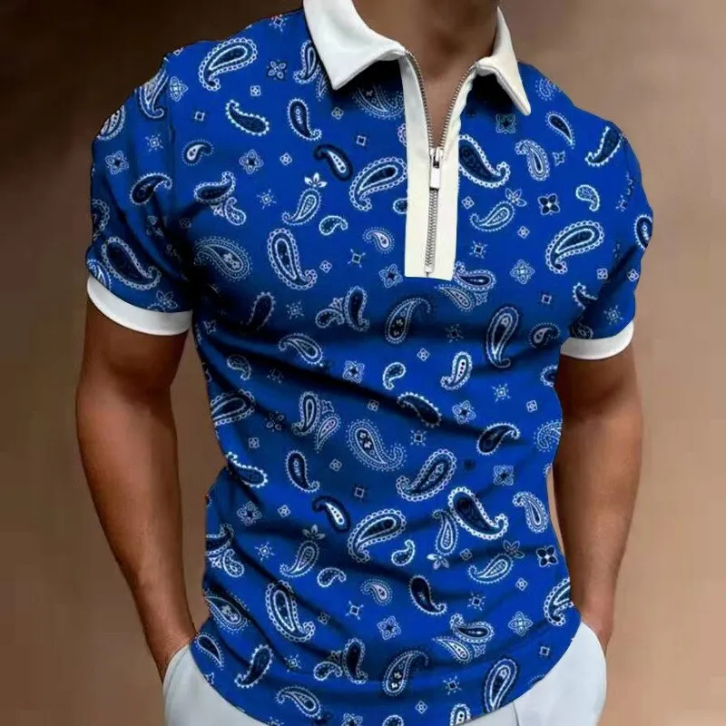 Xituodai Summer New Short Sleeve Printed Slim Fit Zip Lapel Men's Polo Shirt