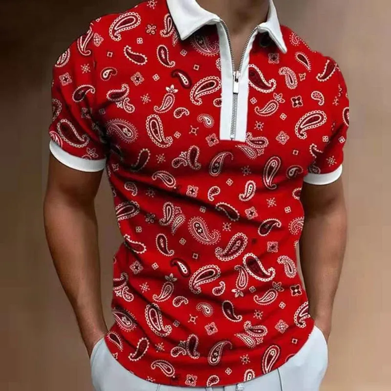 Xituodai Summer New Short Sleeve Printed Slim Fit Zip Lapel Men's Polo Shirt